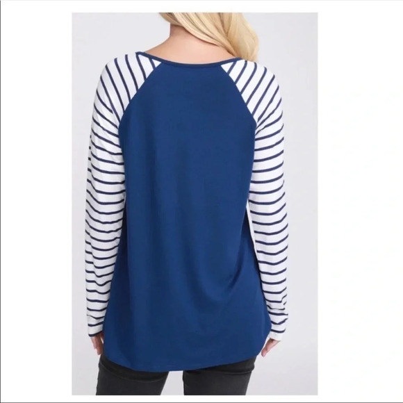 Blue Raglan Long Sleeve Striped Top | Casual Soft Fall Shirt - Picture 8 of 8